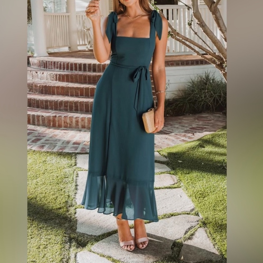 Show Me Your Mumu Claire Midi Dress Show Me The Ring Emerald Green Chiffon Dress